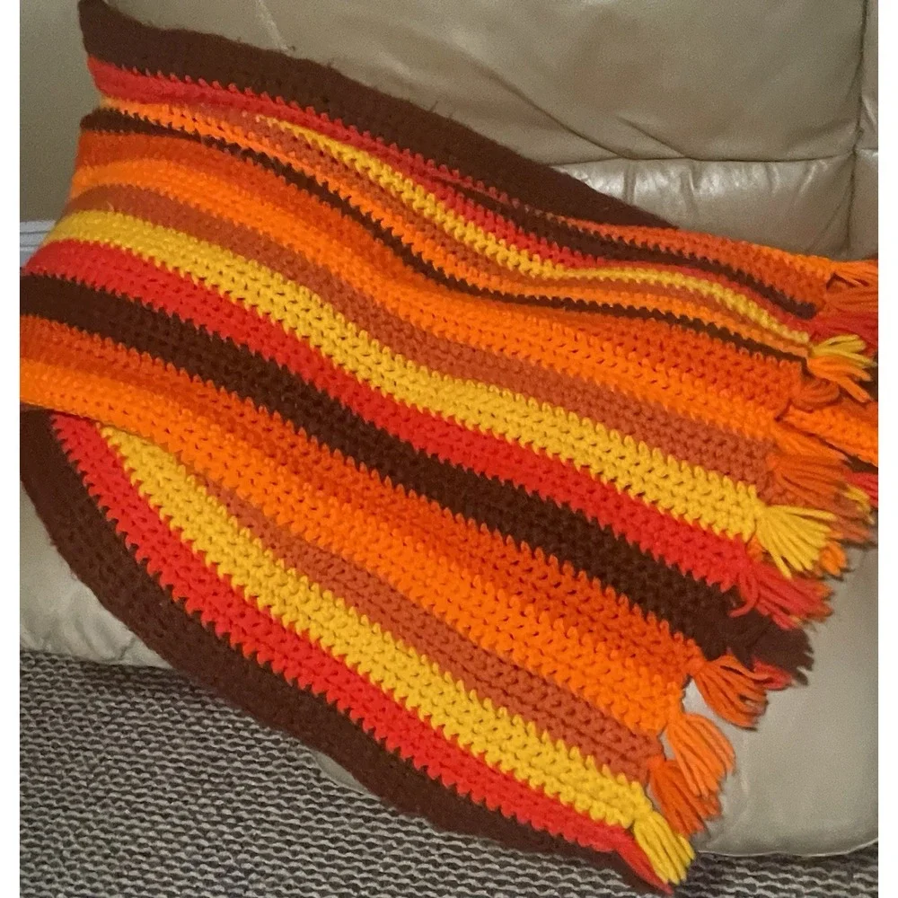 Handmade crochet 70s Afghan Blanket Orange Brown Yellow 47